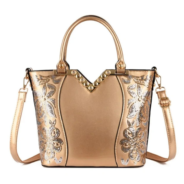 Luxury Sequin Embroidery Women's Patent Leather Handbag