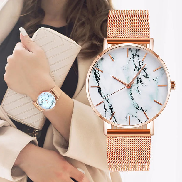 Luxury Rose Gold Mesh Band Marble Women's Wrist Watch